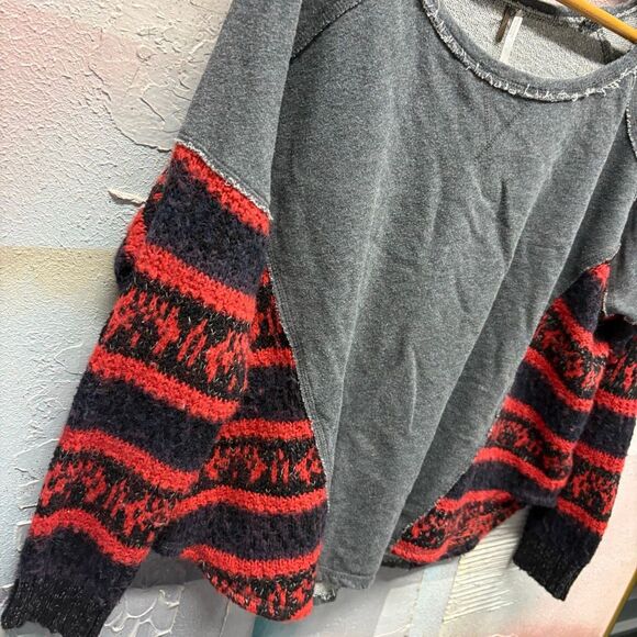 Free People L Red Gray Boat Neck Sweater Alpaca Wool Cotton Boho Preppy Classy - Picture 4 of 8